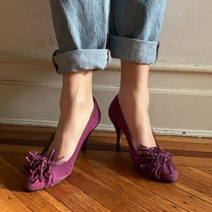 Vintage Perry Ellis Portfolio Purple Suede High Heel Pumps w/ Bow Tassels Sz 10